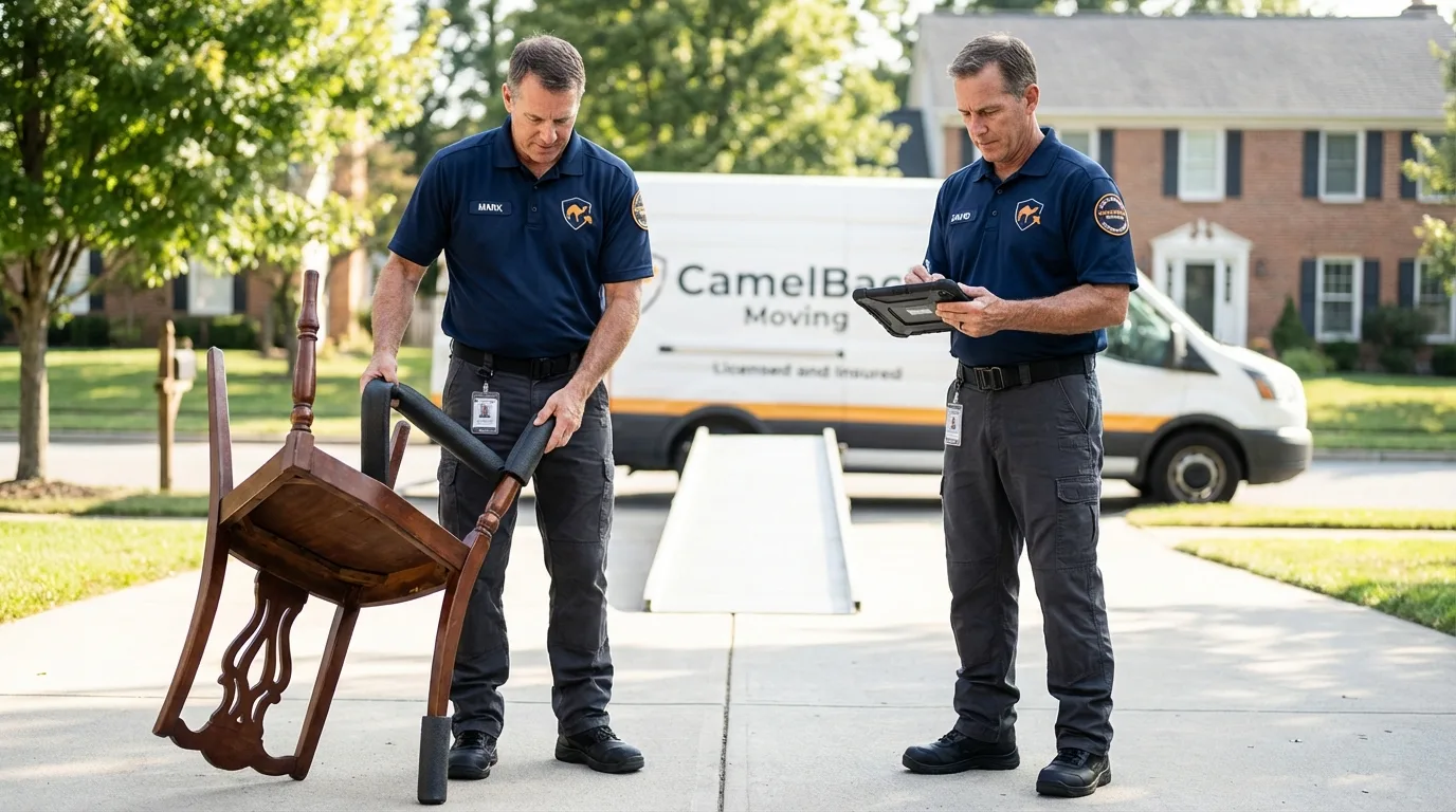 Movers inspecting furniture for damage prevention before loading in New Haven, WV
