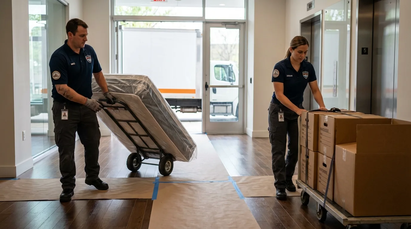 Professional apartment movers loading elevator in New Haven, WV